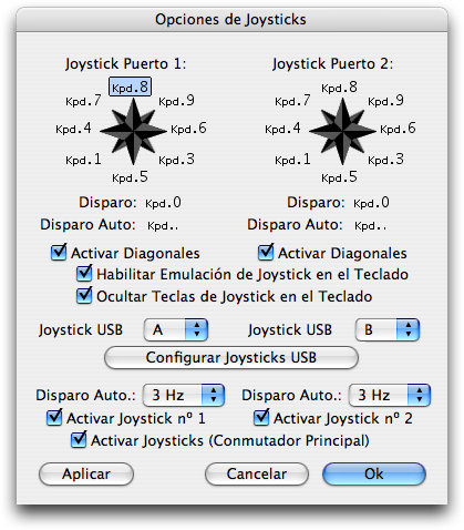 Ventana de Diálogo de las Opciones de Joystick de Power64 para dos Joysticks USB