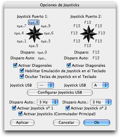 Ventana de Diálogo de las Opciones de Joystick de Power64 para un único Joystick USB